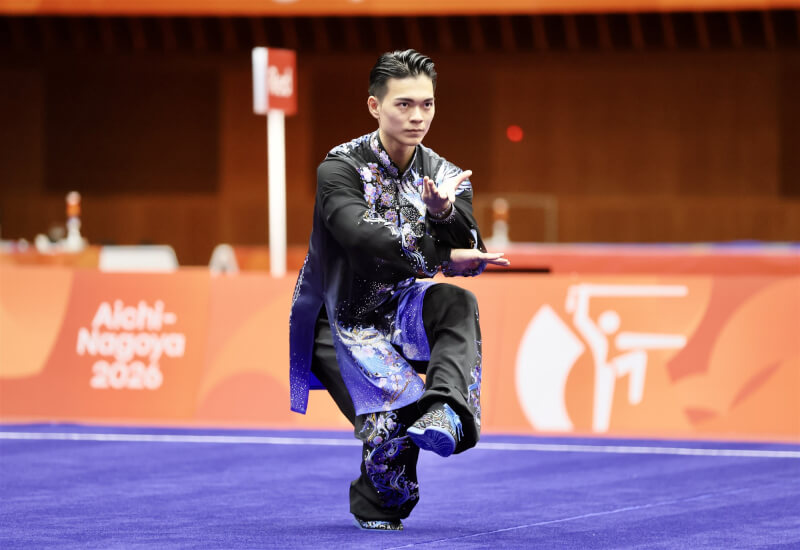 台灣武術好手孫家閎21日上午在名古屋亞運武術套路男子太極拳部分，以總分9.733分高居第2。（中華奧會提供）