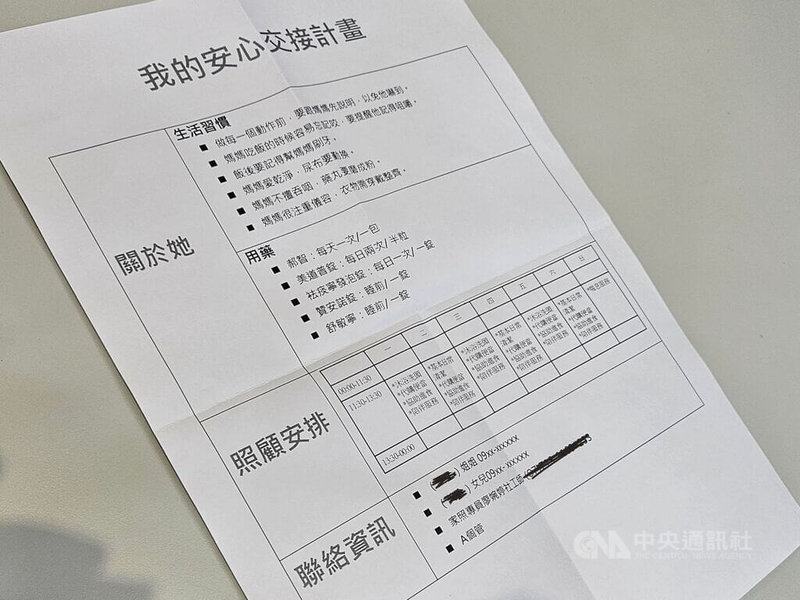 「有人幫忙」與「安心交接」仍有距離,家庭照顧者要先轉念,安心交接計畫第一步,是整理照顧資訊,包含醫療檔案、照顧清單及聯絡資源等。中央社記者陳婕翎攝 115年9月29日