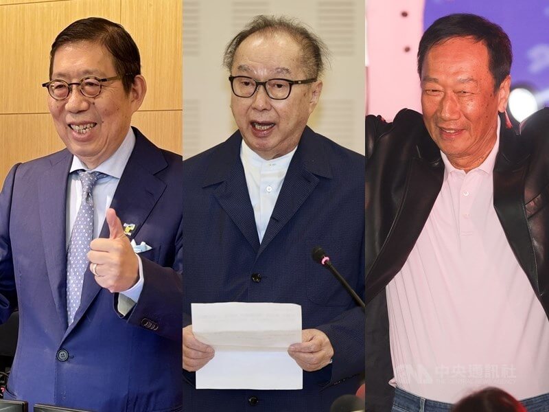 由左至右依序為，富邦金控董事長蔡明興、廣達董事長林百里、鴻海科技集團創辦人郭台銘。（中央社檔案照片）