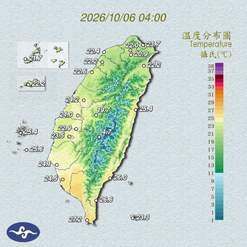 6日清晨4時溫度分布。（圖取自氣象署網頁cwa.gov.tw）