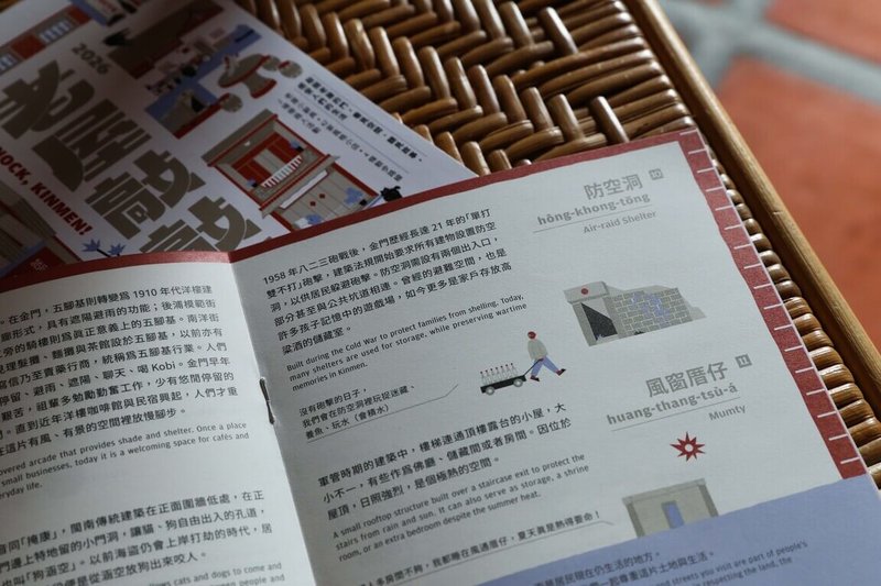 金門閩式古厝、洋樓與軍管時期建築有許多商家進駐，地方創生團隊「村復號」蒐集42間老屋商家製成集章本，「老屋小辭典」記錄「防空洞」等特殊空間辭彙，引領民眾更認識老屋中空間。（村復號提供）中央社記者吳玟嶸傳真　115年10月8日