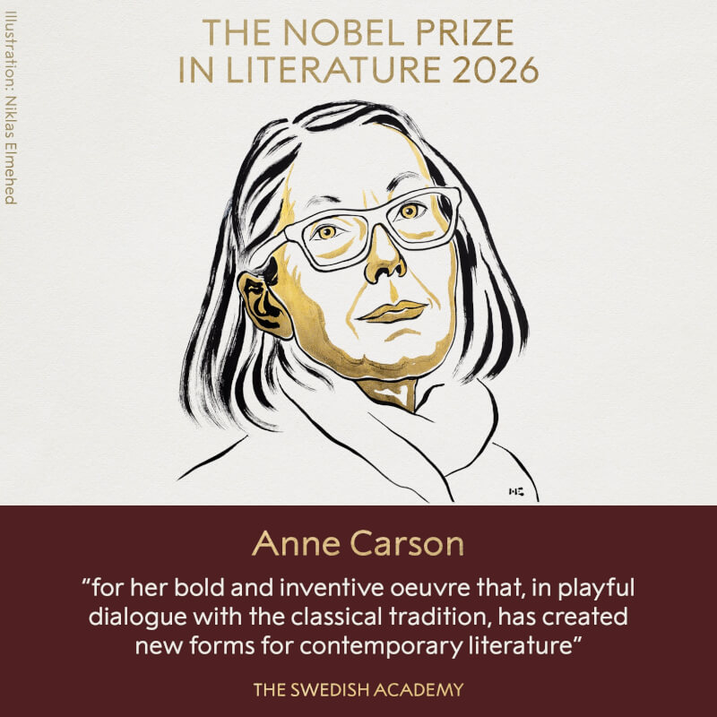 2026年諾貝爾文學獎由加拿大作家卡森獲得。（圖取自x.com/NobelPrize）