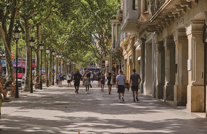 巴塞隆納的格拉西亞大道是條林蔭大道，奢華品牌匯聚一堂。（中央社胡家綺）