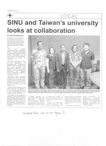「島嶼太陽報」(Islands Sun) 於5月18日報導中原大學王玉純(Yu-chun Wang)副教授與中央氣象局訪問團拜會SINU大學