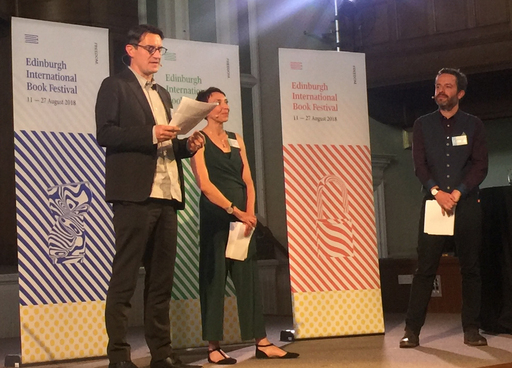 愛丁堡圖書節總監Nick Barley(左)、副總監Roland Gulliver(右)及青少年兒童節目總監Janet Smyth(中)於英國當地時間7日晚間公布今年愛丁堡國際圖書節獲邀作家及節目