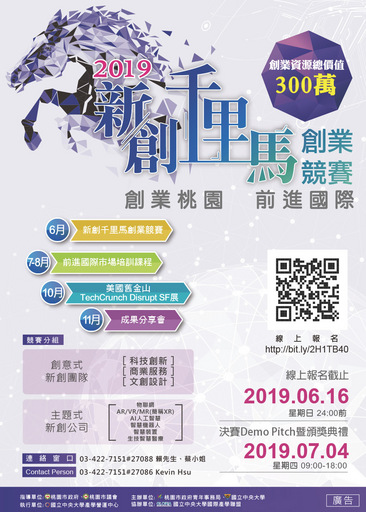 由中央大學與桃園市政府青年事務局共同舉辦「2019新創千里馬創業競賽」,今年將擴大規模辦理,提供總價值300萬創業資源,以及一系列的國際培訓課程,獲獎團隊還有機會前往舊金山 TechCrunch 參展。
