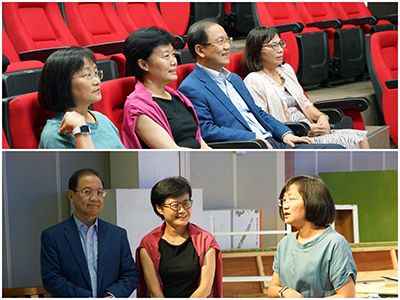 上圖參觀電影院,並觀賞學生自製短片;下圖參觀傳播學院攝影棚。