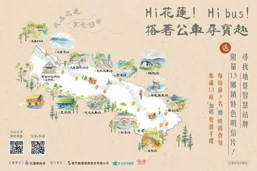 花蓮推出「尋寶找13鄉鎮地景智慧站牌」活動,邀請民眾搭乘公車,上傳照片獲好禮。圖/雷門數據服務股份有限公司