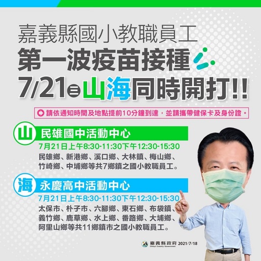 嘉義縣國小教職員工第一波疫苗施打7月21日山海同時開打 中央社訊息平台