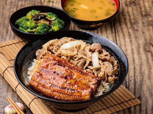 豐富呈現蒲燒鰻魚，加上牛肉或豬肉，共2種類蛋白質來源的營養丼飯。