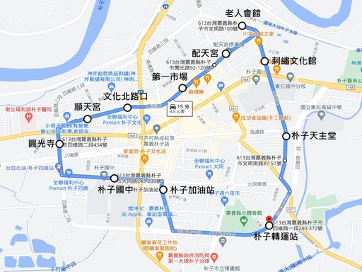 朴子市幸福巴士環狀線-1-主線路線圖(順時鐘行駛)