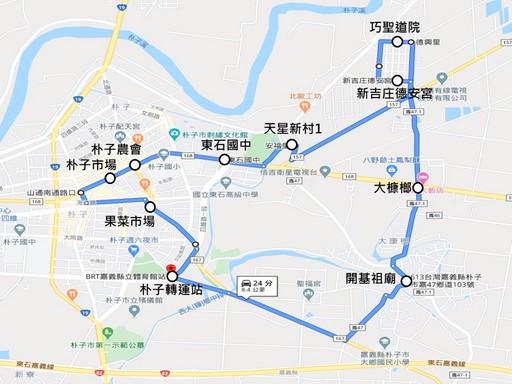 朴子市幸福巴士環狀線-2-支線路線圖(逆時鐘行駛)