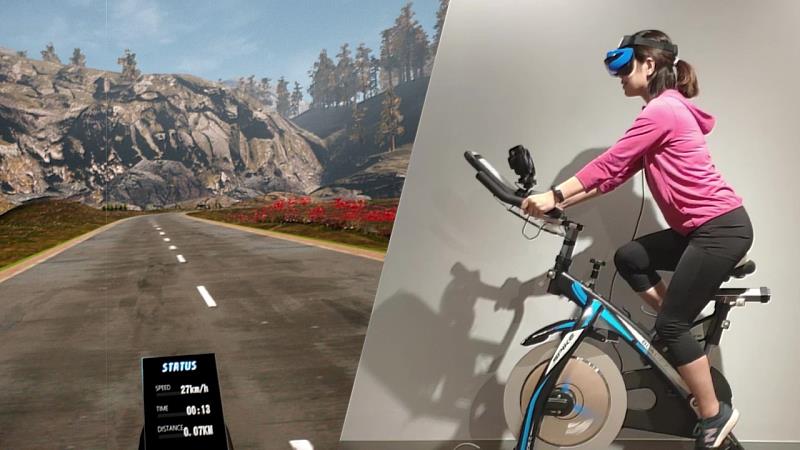 資策會研發的「體感健身互動娛樂應用服務系統」，以AIoT、VR技術結合大眾化健身設備，讓民眾身歷其境感受戶外騎單車樂趣。