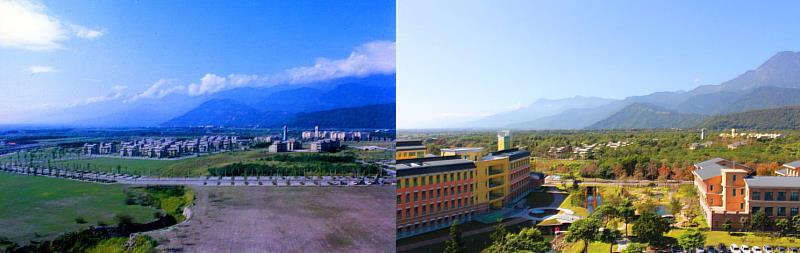 東華大學1997年與2021年藝術學院、芳澤、伊人橋、詩經花園與人社三館(左至右)