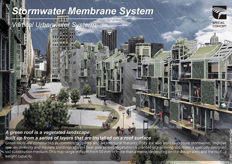 「都市雨水膜系統」為整合於都市建築立面的集水及水循環系統設計。