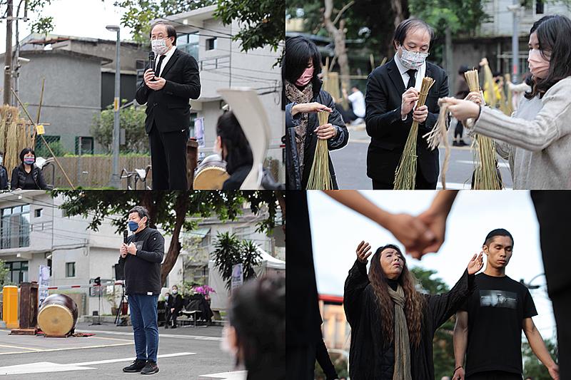 左上:臺藝大陳志誠校長致詞。右上:陳志誠校長參與工作坊綁稻穗活動。左下:無垢舞蹈劇場陳念舟團長致詞。右下:由演唱家許景淳帶領參與者一同吟唱。