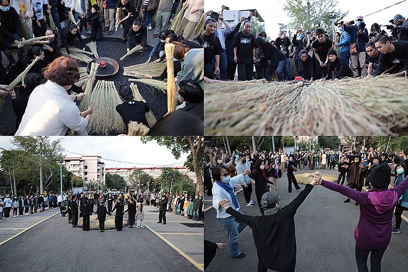 左上:參與者依序將綑紮完成的稻穗匯集。右上:整齊綑紮的稻穗圍成祈福圈。左下:無垢舞蹈劇場感恩祈福儀式。右下:眾舞者以大地之舞表達對自然的感謝。