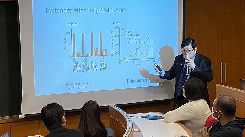 中醫大校長洪明奇演講「從抗癌到抗新冠病毒」，以圖型解釋如何破解癌症細胞。