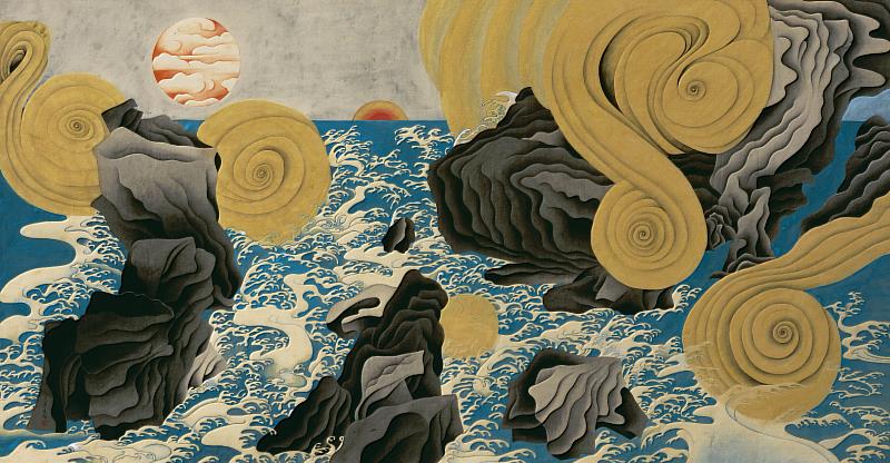 《太初》，膠彩、絹本，91_x_174.1公分，1998。國立臺灣美術館典藏。