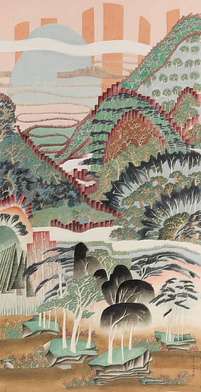 《仙境春長(二)》，彩墨、絹本，179.5_x_92.5公分，2003。國立臺灣美術館典藏