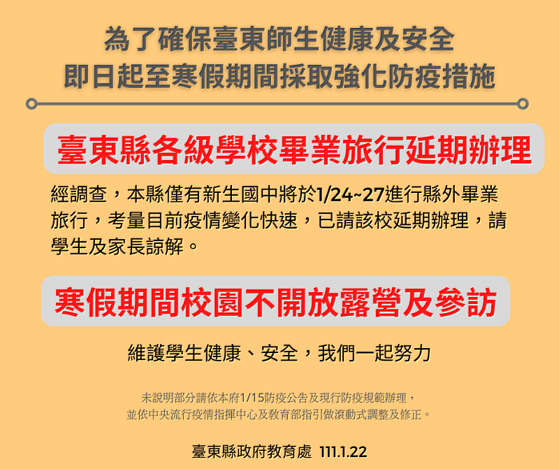 本土疫情升高 寒假期間防疫規範，臺東縣政府呼籲各級學校一起遵守防疫規範
