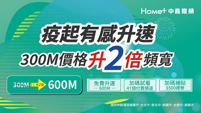 中嘉寬頻推「疫起有感升速」方案 新申辦光纖上網300M享頻寬免費升級至600M 再贈頻道試看及禮券 現省千元