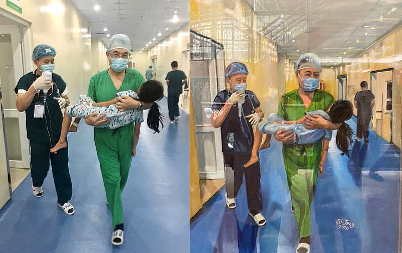 鄭勝峯在越南義診時手術結束抱起小孩的照片(左)感動無人數的心，鄭勝峯運用畫筆巧妙的將照片內容呈現（資料畫面來源：義守大學提供）。