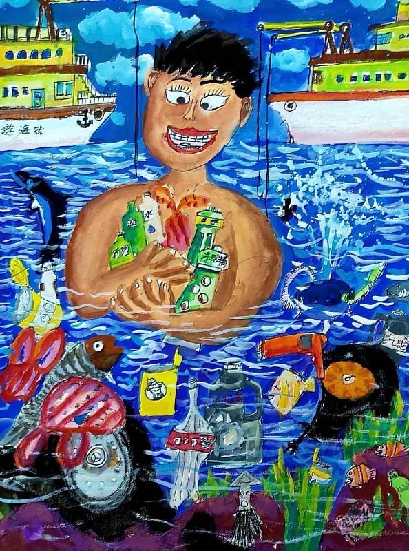 3陳奕翰小朋友畫風明晰、用色鮮豔大膽，「救救海洋」得獎畫作，希望大家還給海洋生物乾淨的家園。（靈鷲山佛教教團提供）