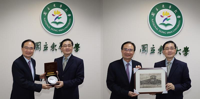 東華大學趙涵捷校長及海洋委員會蔡清標政務副主任委員相互致贈紀念品 。