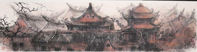 江明賢，龍山寺，1993年，水墨，61.0_x_242.3_cm。國立臺灣美術館提供。