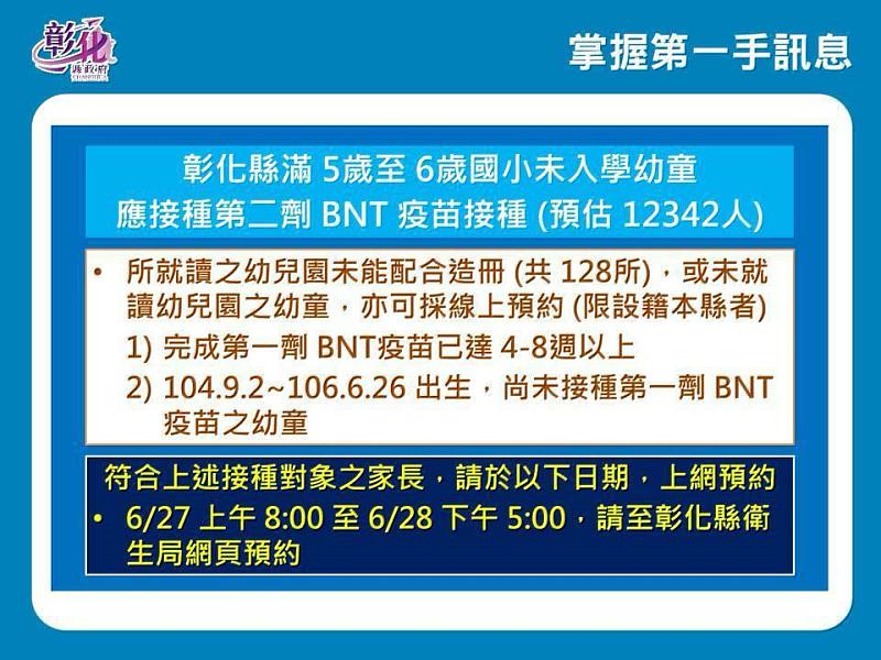 幼童BNT疫苗接種於6月27、28日開放線上預約