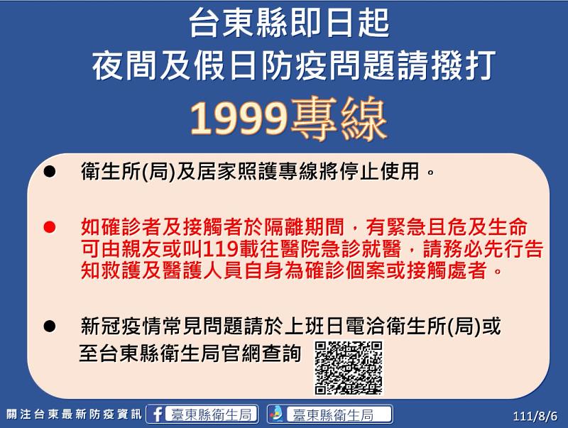 台東縣今新增202確診案例 即日起夜間及假日防疫相關問題洽詢1999專線