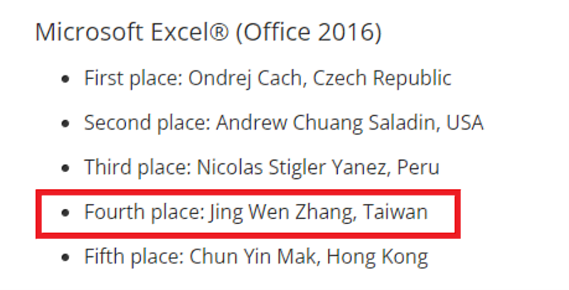 城市科大應外系張瀞文同學在2022年MOS世界盃EXCEL 2016組榮獲全球第四名