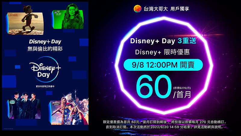 台灣大哥大歡慶Disney+ Day 推出Disney+首月60元加抽iPhone