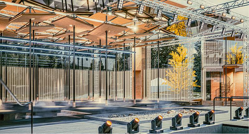 劇場整體呈現出光影變化，呈現出戶外劇場完美融合自然環境的呈現。