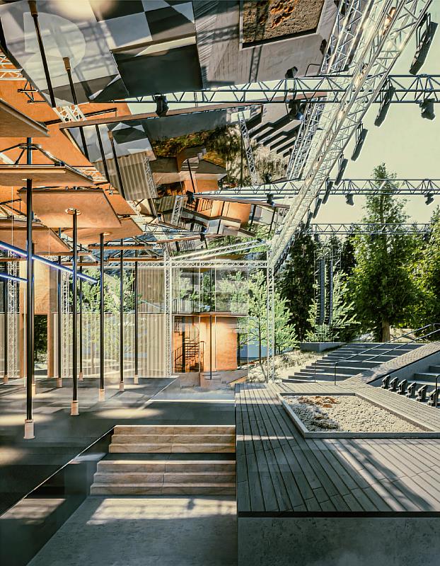 透過劇場上方鏡面裝置使觀眾可以觀看到鏡面倒影的舞台呈現，使整體劇場有著不同角度的劇場表演方式，創造出全新的感受。