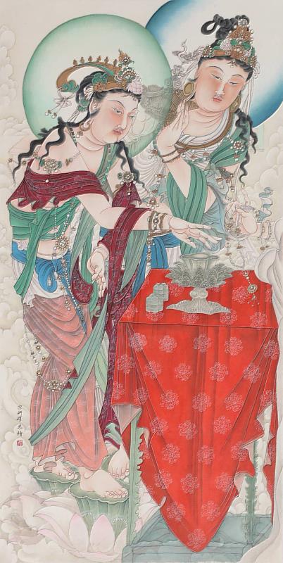 藝術家宋妍嫿於華梵大學文物館展出作品《菩薩焚香圖》。
