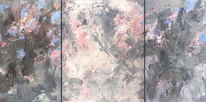 〈墨韻染春櫻〉2022_油畫_麻布_162x324cm