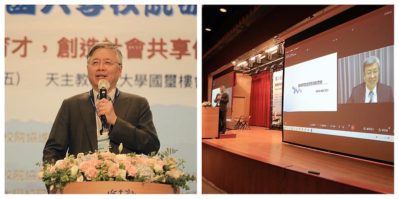 輔大江漢聲校長(左)；陳建仁院士進行演講(右)。