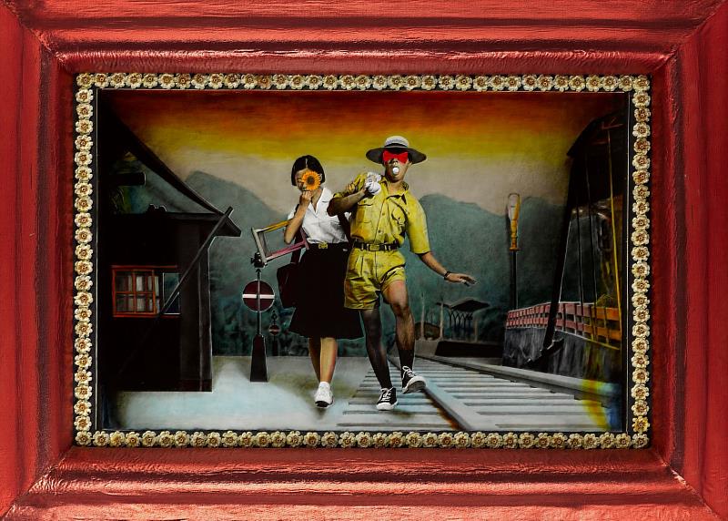 吳天章，〈戀戀紅塵〉，1997。油彩、相紙、亮片、人造花、金蔥布。160×220×13公分（含框）。國立臺灣美術館典藏。