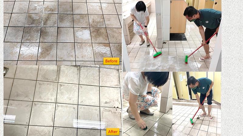 校長帶領學務處主管們一同打掃廁所。