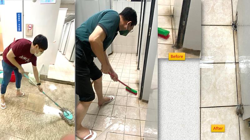 校長帶領學務處主管們一同打掃廁所。
