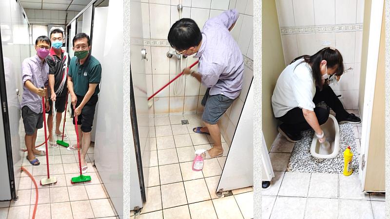校長帶領學務處主管們一同打掃廁所。