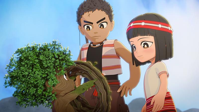 《樹人大冒險3》泰雅族小兄妹尤命與尤瑪，與可愛的小樹人寶寶在森林裡搶救受困山崖的黑熊。