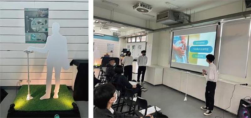 南臺科大學生於USR計畫生活輔具設計課程成果發表中講解「行動站立輔具」之情形。
