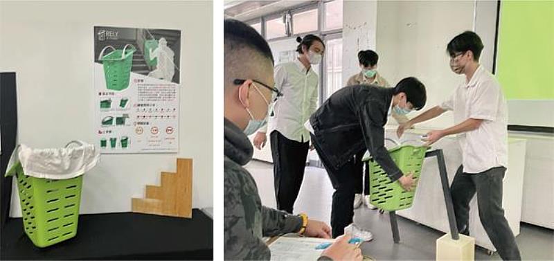 南臺科大學生於USR計畫生活輔具設計課程成果發表中講解「RelyArmrest洗衣籃」之情形。
