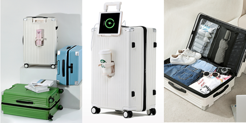 美型多功能行李箱不但支援USB充電口，行李箱外也有杯架功能。