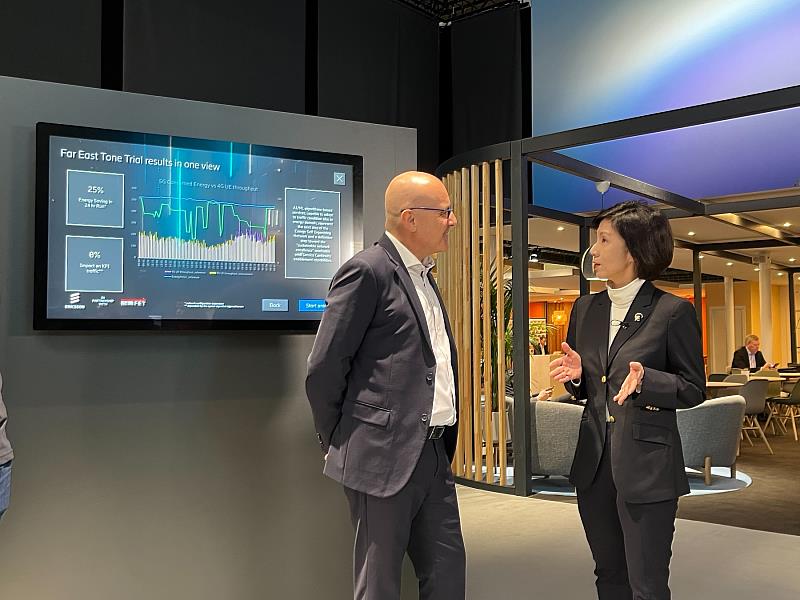 遠傳與愛立信攜手在MWC 2023展5G實力，其中「AI節能網路應用」可節省最高46%基地台能耗，目前已完成測試，被視為遠傳邁向淨零減排的重量級幫手。圖右為遠傳總座井琪。