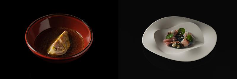 左-「娃娃菜、鴨肉澄清高湯、當歸油」｜右-冰凍魚高湯有如冰沙口感，搭配四種不同天數的熟成海鮮，底部為澄清番茄水經過低溫濃縮，加入梔子花提取的藍色製成薄薄一層膠凍。