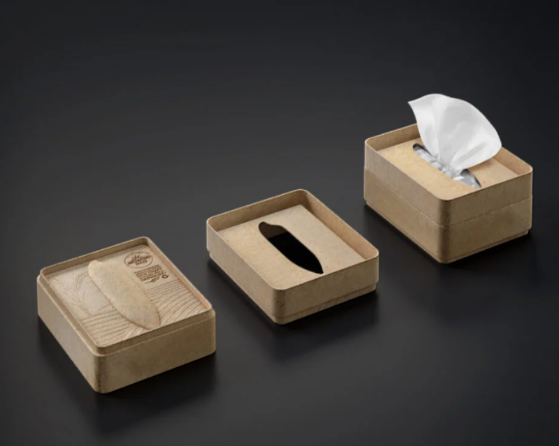 來自泰國跨國作品展示交流「Srisangdao Rice」使用穀殼設計包裝，穀殼是脫殼過程中產生的天然廢物，包裝採用模壓成型，盒子裡面裝的是米袋，米袋還可當做紙巾盒使用，兼顧環保